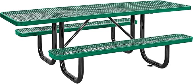 Global Industrial 8'L Rectangular Picnic Table, ADA Compliant, Expanded Metal, Green Thermoplastic Coating, Attached Benches, 1-1/2” Umbrella Pole Hole, Outdoor-Rated