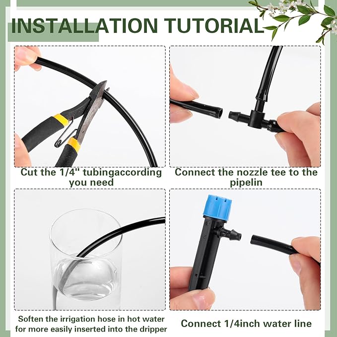 200 Pcs Drip Irrigation Kit for 1/4" Tubing Include 100 Drip Irrigation Emitter Adjustable Fan Shape Drip Irrigation Parts and 100 Barbed Tee Fittings Barbed Connectors for Garden Lawn Patio