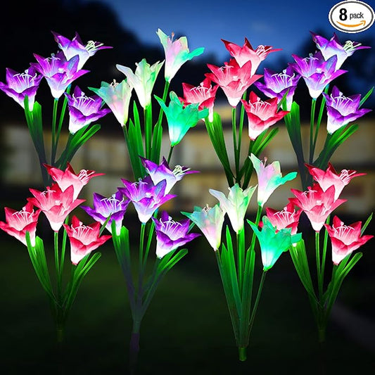 KOOPER Outdoor Solar Lights, 8 Pack Solar Garden Lights with Bigger Lily Flowers, Waterproof 7 Color Changing Outdoor Lights - Bigger Solar Panel for Outdoor Patio Yard Garden Decoration