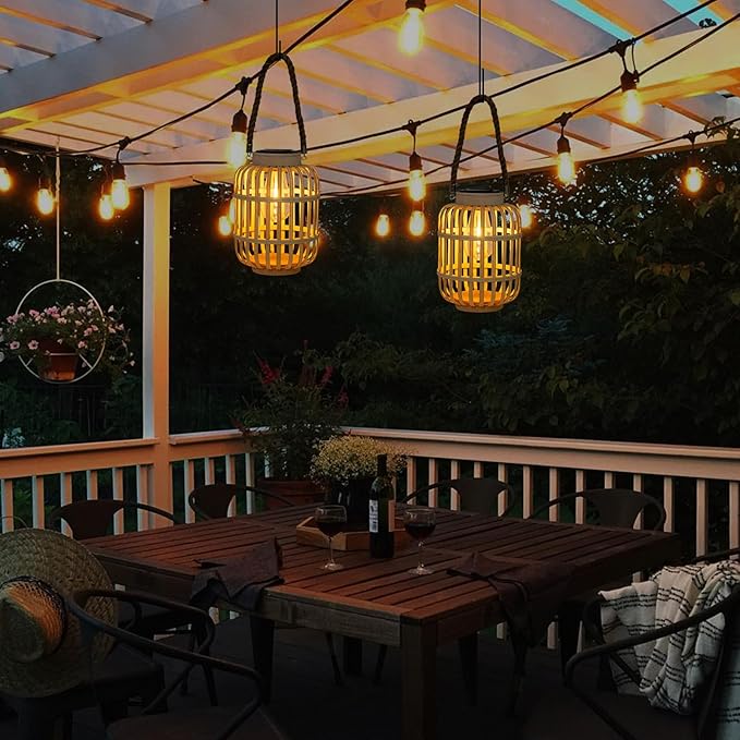 pearlstar Outdoor Solar Lanterns Light Rattan Natural Lantern with Handle for Hanging or Table Lamp for Patio Yard Garden Wedding Home Decoration, Edison Bulb, Auto on/Off (Style 4)