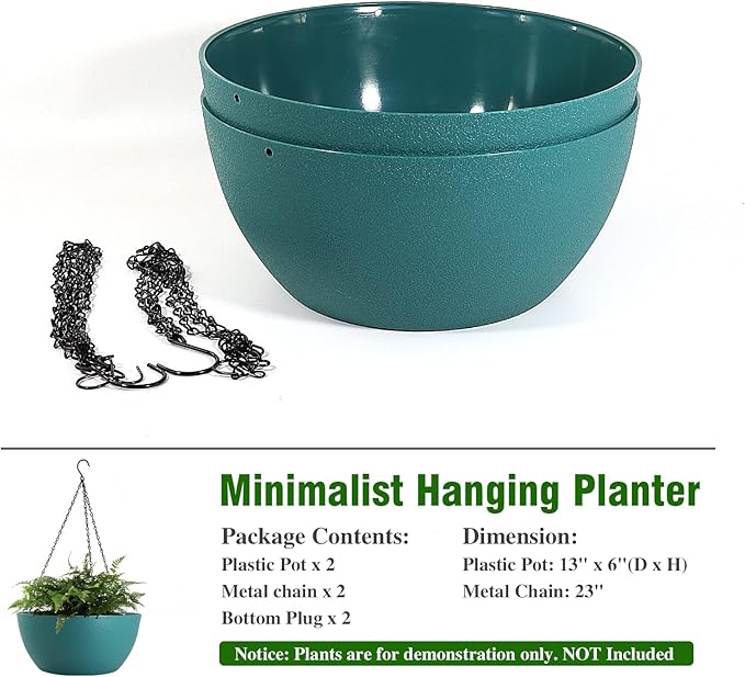 WOUSIWER 13 inch 2 Pack Large Hanging Planters for Indoor Outdoor Plants with Drainage Holes and Chain, Round Hanging Flower Pots for Garden Home Porch Decor, Myrtle Green