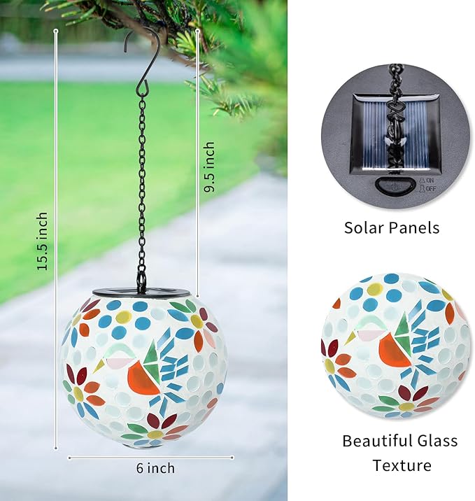 VCUTEKA Solar Chandelier Outdoor, Hanging Mosaic SolarLights with Hook Up, Solar Garden Lantern Decor for Yard, Deck and Patio, White