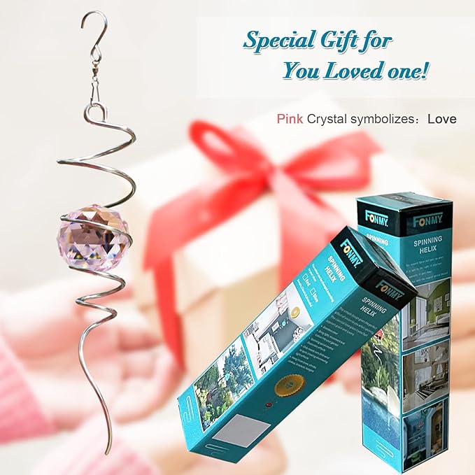 FONMY Gazing Ball Spiral Tail -Decorative Wind Spinner Sun Catcher Rainbow Maker 11 inch Tail and 2 inch Pink Crystal Orb. Indoor Outdoor Garden Decoration -13 inch Height