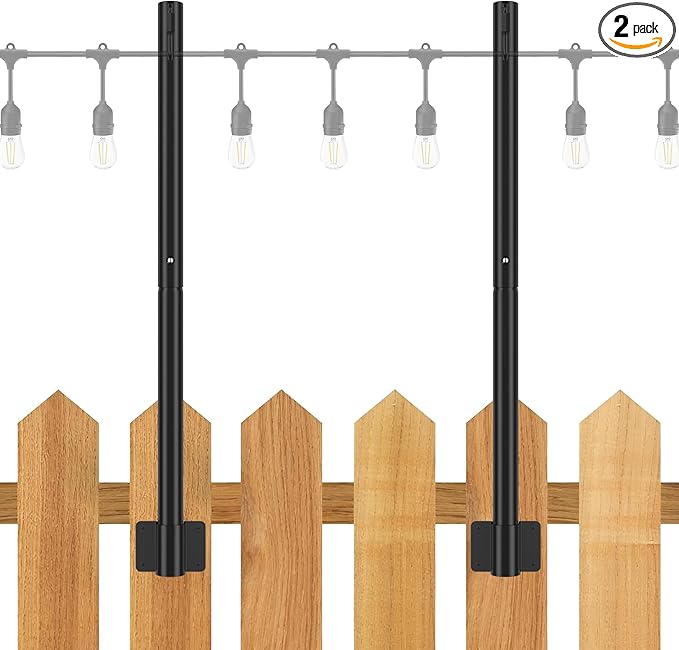 Suchtale 2 Pack 2.8 FT String Light Poles, Suspension Outdoor Fence Post Lights with Clip and Bracket, Outside String Lights Hanging, Wall Mounting Stand for Patio Garden Backyard Wedding Party, Black