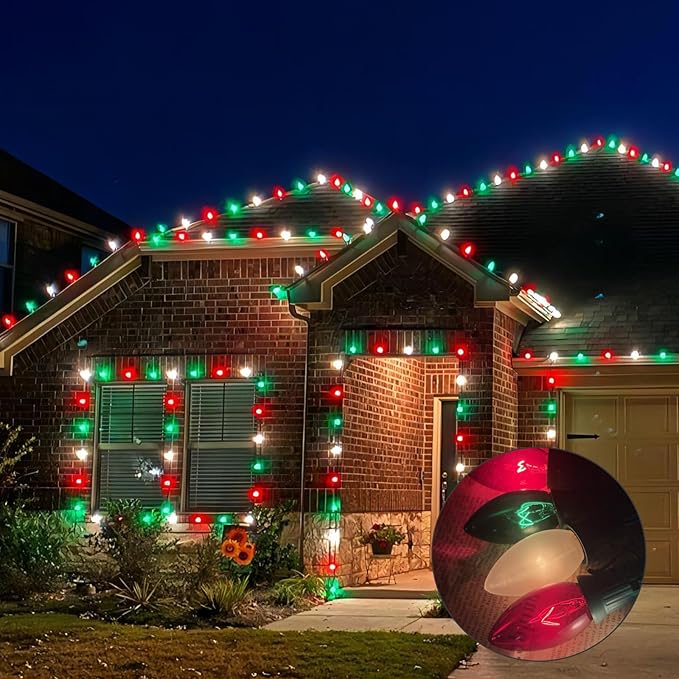 25FT C9 Christmas Lights Outdoor,Red White Green Christmas Lights with 26 Bulbs(1 Spare),C9/ E17 Base,Vintage Colored Christmas Lights for Garden, Yard, Party, Christmas Tree Decorations