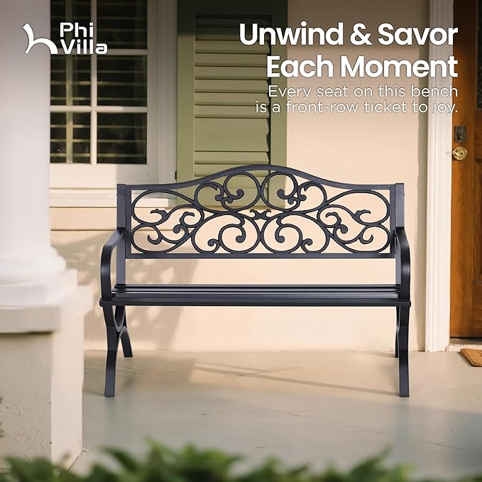 PHI VILLA 50-Inch Cast Iron Steel Frame Garden Bench Outdoor Patio Bench Chair w/Floral Design Backrest, Slatted Seat for Park, Yard & Porch, Black