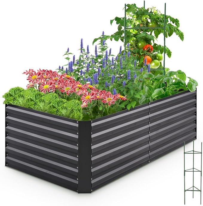 Quictent Galvanized Raised Garden Bed 6x3x2 Ft Metal Planter Box Bottomless for Backyard Outdoor, Include 1 pc Tomato Cage (Dark Gray)