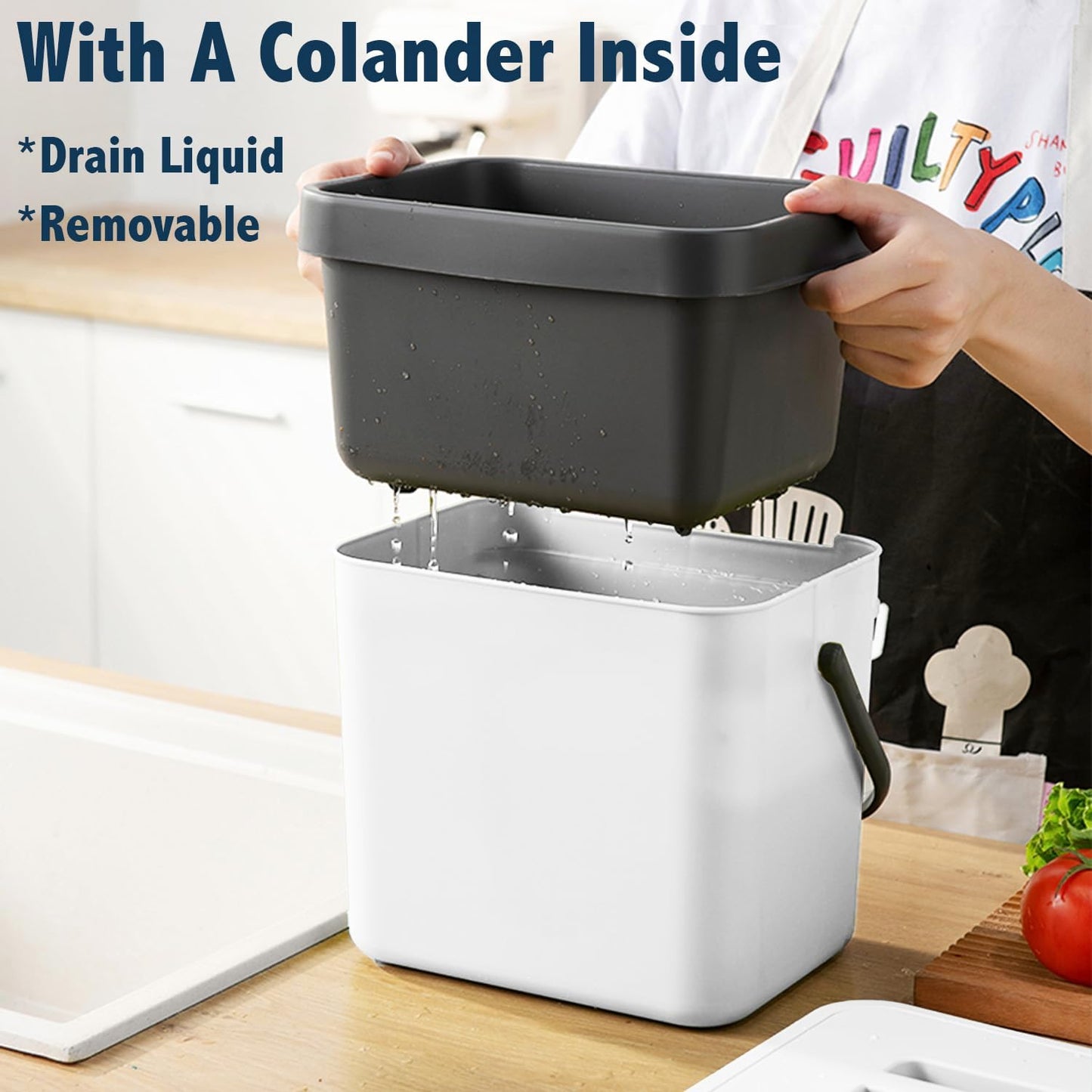 Kitchen Compost Bin Countertop, LALASTAR Hanging Trash Can with Lid for Kitchen Cabinet Door, Wall-Mounted Compost Pail with Colander, 1.8 Gallons, White