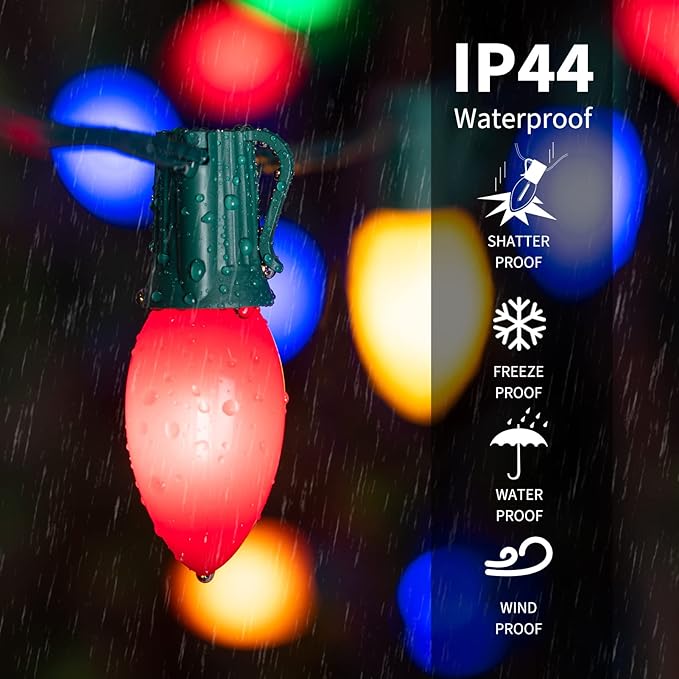 Multicolor C7 LED Christmas Lights Outdoor, 50FT Colorful Christmas String Lights with 50+2 Plastic Bulbs, Traditional Hanging Holiday Lights for Christmas Tree Patio Fence Roofline Xmas Decorations