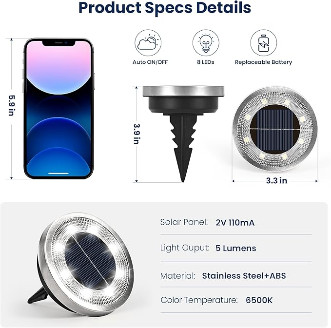 SOLPEX 8 Pack Solar Ground Lights Outdoor Waterproof, Solar Powered Pathway Lights, Landscape Lighting for Garden Walkway Driveway Backyard Decor (Cool White)