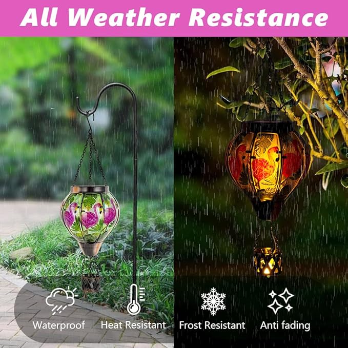 Flamingo Solar Hot Air Balloon Flickering Flame Hanging Garden Light,Glass Hot Air Balloon Solar Lanterns Outdoor Waterproof for Patio Tree Yard Decor,Flamingo Lantern Birthday Gifts for Women