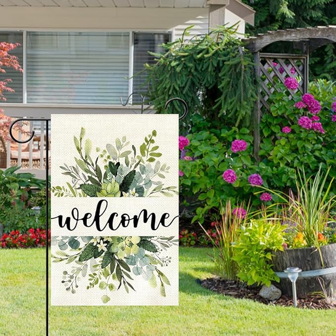 Spring Floral Welcome Garden Flag 12x18 Inch Double Sided Outside, Eucalyptus Seasonal Farmhouse Yard Outdoor Flag