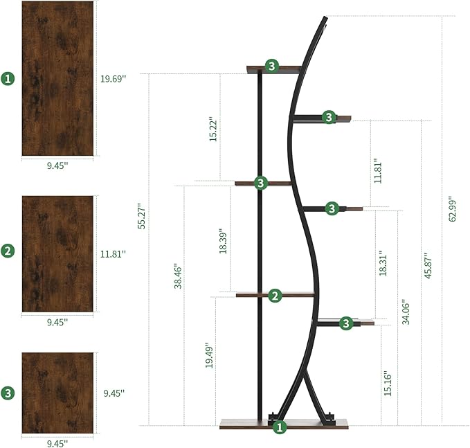 62" Tall Plant Stand with Grow Light Indoor, 7 Tiered Metal Plant Shelf Bookshelf, Curved Corner Flower Stand Display Storage Rack Holder for Living Room, Balcony Decor