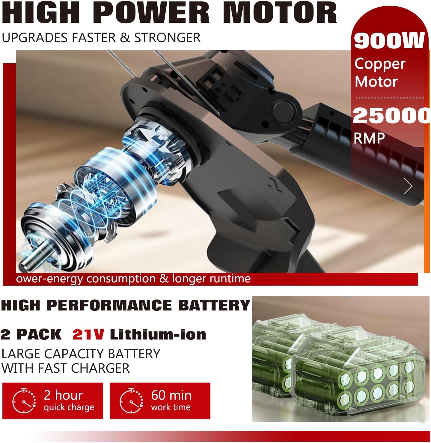 Electric Weed Wacker Eater Cordless Battery Powered, Weed Trimmer 21V Lightweight No-String with 2 Battery Operated & Wheels, 3 in 1 Stringless Grass Trimmer/Edger/Brush Cutter for Garden Yard Lawn