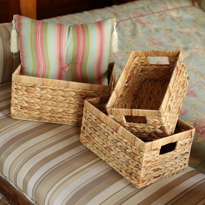 Storage Baskets,Woven Natural Water hyacinth Box with Handle,Kingwillow.(Set of 3)