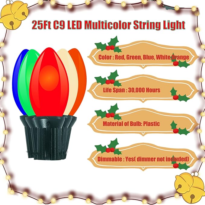 Vintage C9 LED Christmas Lights Outdoor, 25 Feet C9 Multicolor Christmas String Lights with 26 LED Bulbs for Indoor Christmas Tree Roofline Holiday Party Garden Patio Backyard Cafe Xmas Decoration