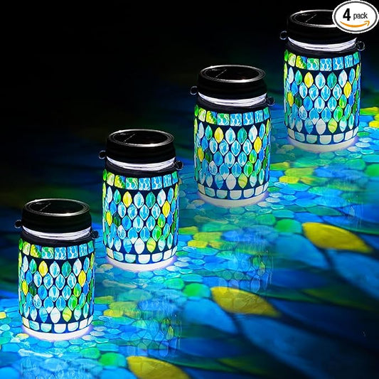 Cooo 4 Pack Mosaic Solar Lanterns Outdoor Waterproof Jar Lights Solar Powered, Hand Paste 141 Crystal Mosaics Table Hanging Garden Backyard Decor Lamps （Just a Little More, Get Double The Deligh