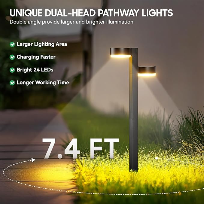 Solar Pathway Lights Outdoor, 4 Pack Dual-Head Solar Lights Outdoor Waterproof Super Bright Up to 12Hrs, Auto On/Off Garden Light for Yard Patio Path Walkway Driveway Outside Decor
