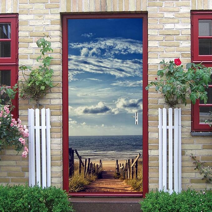 3D Door Wallpaper Self-Adhesive Door Poster - Road to The Beach - Door Film Photo Wallpaper Premium PVC Waterproof Door Sticker Wall Sticker for Bedroom Living Room Door Decoration Stickers 80 x 200