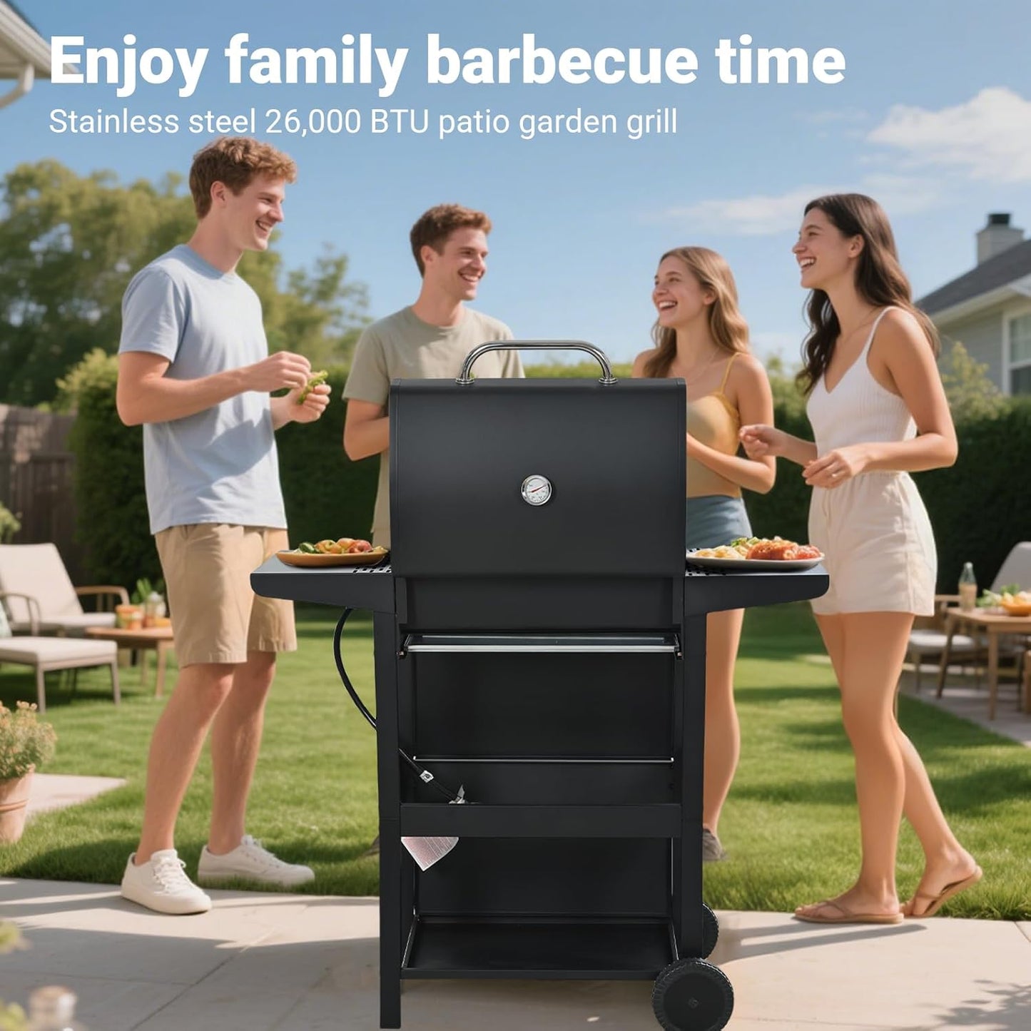 Endark 3-burner propane gas grill | 26,000 BTU stainless steel with enamel wire cooking grates and built-in thermometer | with side rack wheels | great for patio, garden, and outdoor cooking