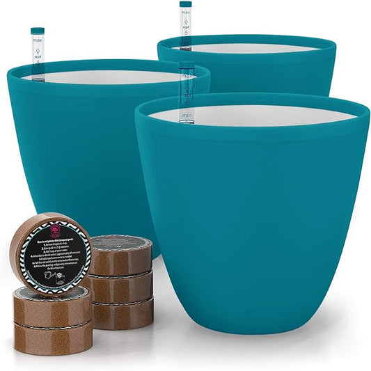GARDENIX DECOR Self Watering Pots for Indoor Plants 3 Pack - Flower Pot with Water Level Indicator for Plants, Grow Tracking Tool - Self Watering Planter Plant Pot - Coco Coir - Teal