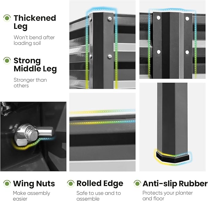 KING BIRD Raised Garden Bed with Legs Galvanized Large Elevated Planter Box for Backyard, Patio, Balcony, 600lb Capacity, Dark Grey 70.9x22.8x31.5 in