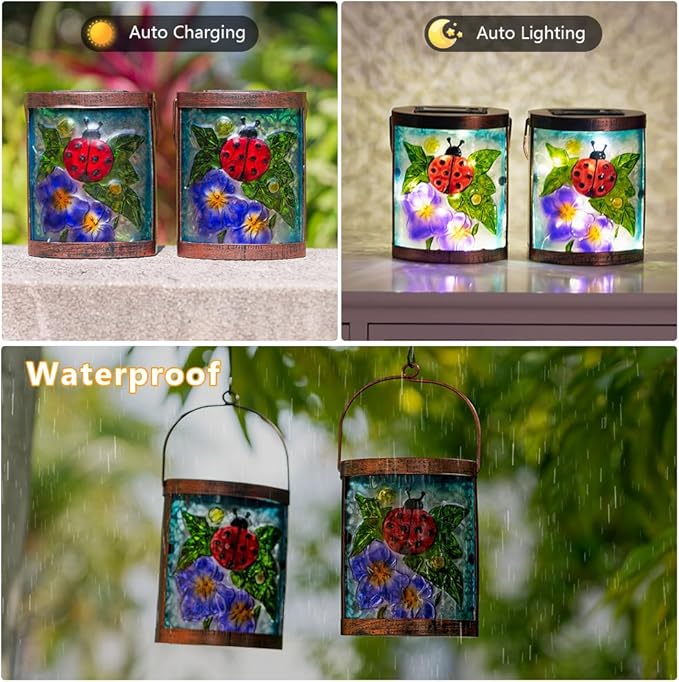 Starsoul 2 Pack Hanging Solar Lantern Outdoor Waterproof Glass Ladybug and Flowers Decorative Solar Lights for Outside Garden Yard Table Patio Decor