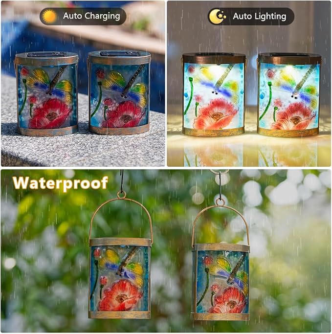 Starsoul 2 Pack Hanging Solar Lantern Outdoor Waterproof Glass Dragonfly and Lotus Decorative Solar Lights for Outside Garden Yard Table Patio Decor