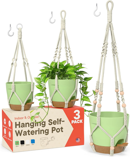Green Hanging Self Watering Pots with Macrame Ivory Rope, 3 Pack Indoor & Outdoor Hanging Plant Pots with Built-in Reservoir, Wick Rope, Drainage Holes & Hooks, Stylish Boho Decor Hanging Planter