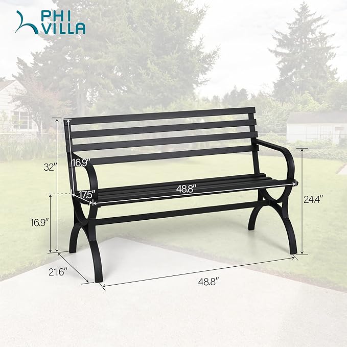 PHI VILLA Outdoor Garden Bench, 48” Long Metal Steel Bench with Backrest and Armrests, Modern Slatted Design for Patio, Lawn, Yard, Porch - Black