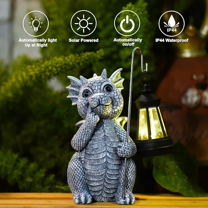 Goodeco Dragon Garden Statue Outdoor with Solar Lantern - Resin Dragon Decor for Garden, Patio, and Yard - 8.3 inches Dragon Gifts & Decorations (Dragon)
