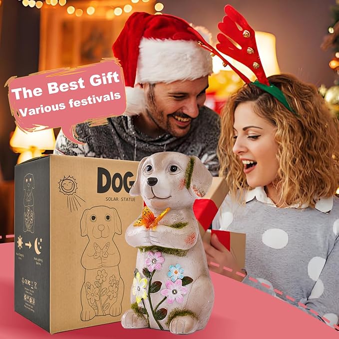 Solar Dog holiding Solar Butterfly Lights - Resin Garden Outdoor Decorations for Patio,Balcony,Yard,Birthday Garden Gifts for Women Mom