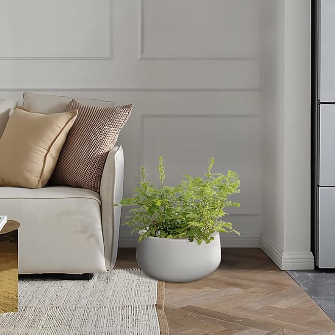 Kante 19.6" Dia Round Concrete Planter, Outdoor Indoor Garden Plant Pots with Drainage Hole and Rubber Plug, Modern Curvaceous Design, Pure White