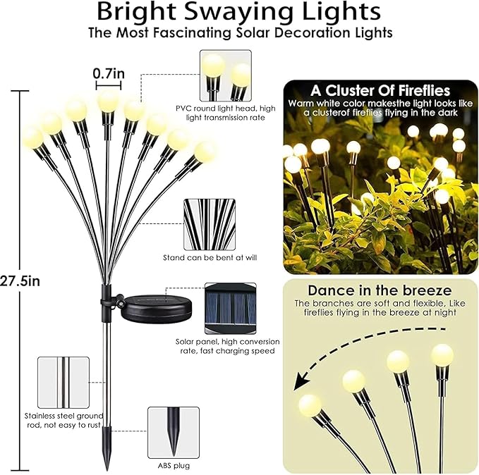OZS 4-Pack Warm White &4-Pack Cool White Total 64LED Solar Garden Lights - Solar Lights Outdoor, Solar Firefly Lights, Sway by Wind,Solar Fairy Lights Waterproof for Yard Garden Decoration