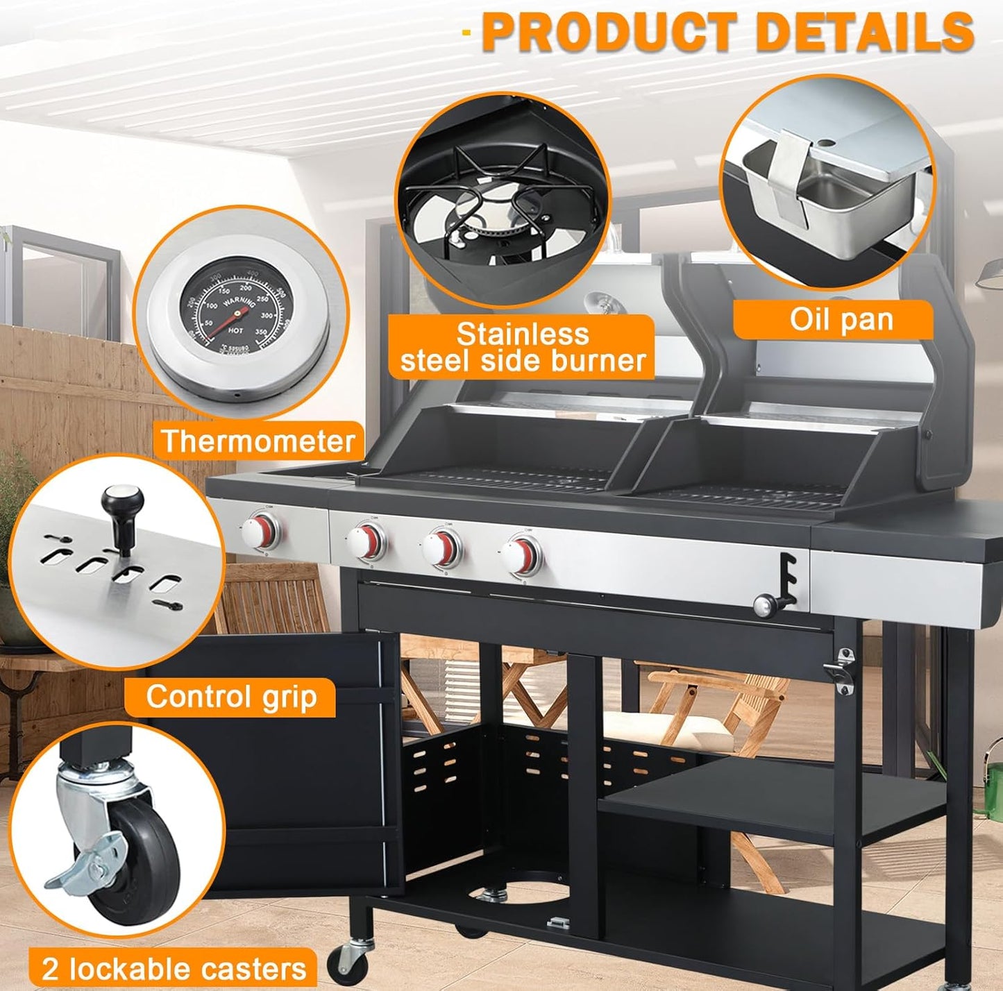 3-Burner Gas and Charcoal Combo Grill with Griddle Plate, 37,230 BTU, Stainless Steel & Enameled Grates, Side Burner + Storage Cabinet for Backyard, Tailgating, Teppanyaki