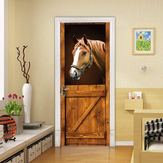 3D Door Stickers Murals - Horse Peel and Stick - Wallpaper Self-Adhesive Decals Removable PVC Waterproof Poster for Bedroom Living Room 35.4" x 78.7"