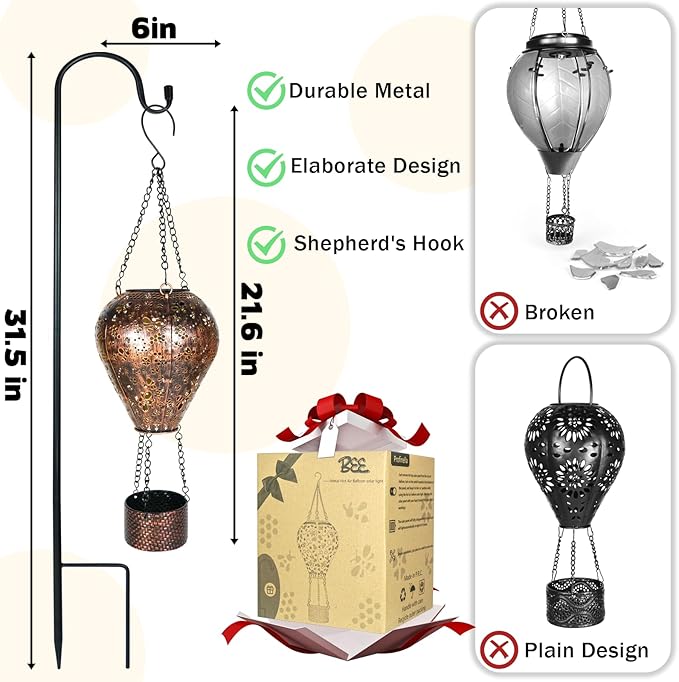 Bee Decor Hot Air Balloon Solar Lantern – Outdoor Decorative Hanging Light for Garden Yard Patio Porch Lawn and Pathway – Unique Housewarming, Birthday Gift for Women Mom Grandma