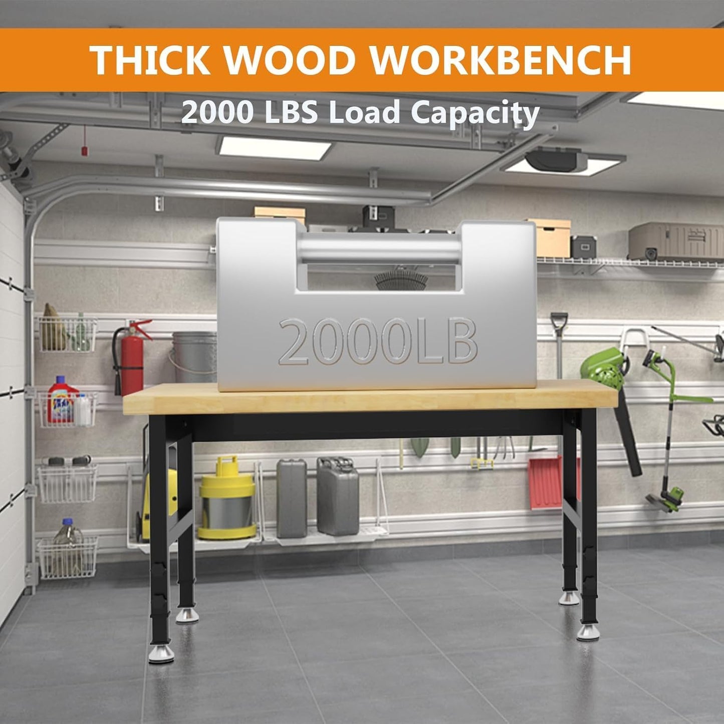 48" Work Bench, Adjustable Height Workbench, Heavy-Duty Thicker Work Table, 2000 LBS Load Capacity Workstation for Garage, Workshop, Office, Home