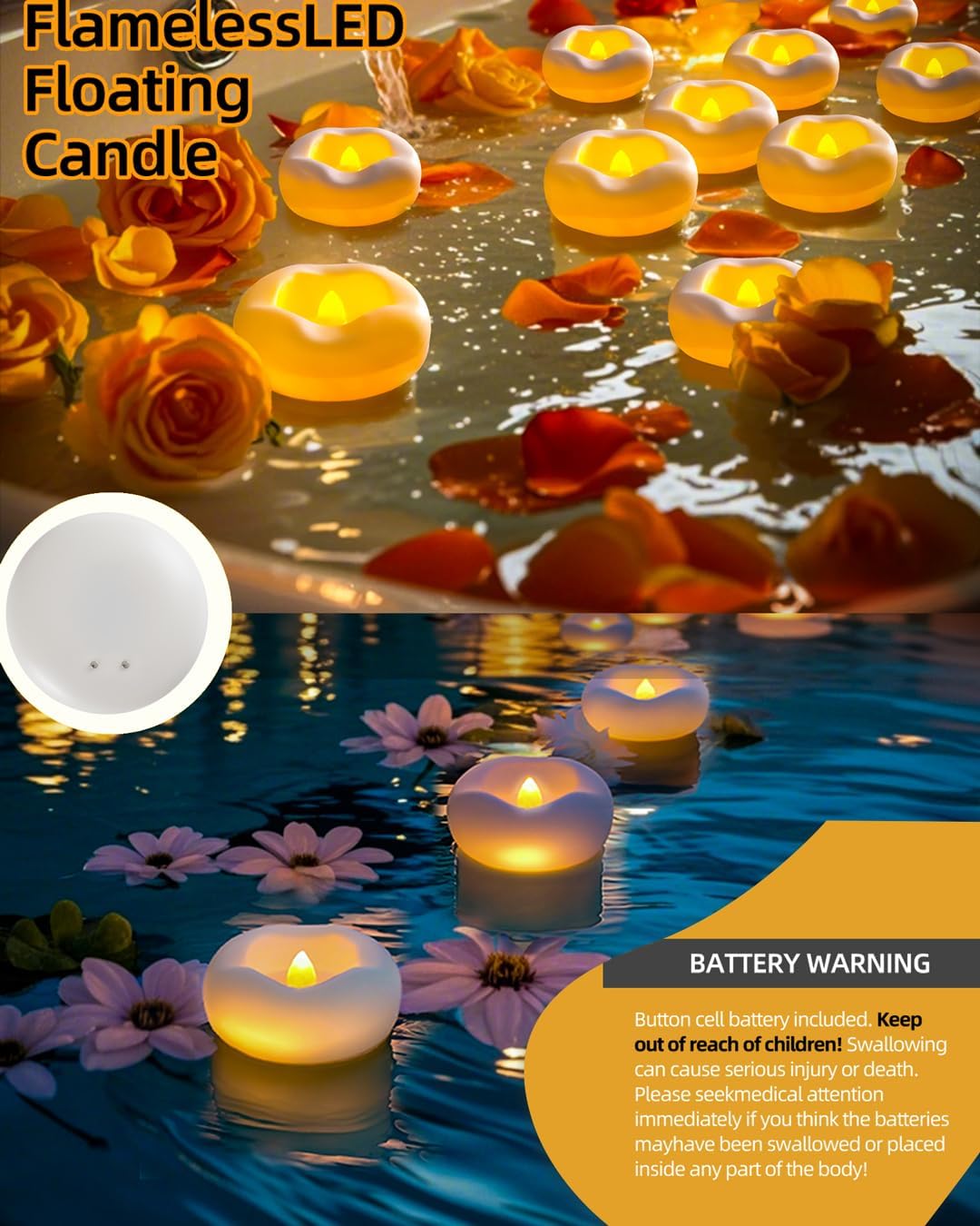 48-Pack 2” Floating Candle, 200 Hour Water Activated Warm White Battery Powered Flameless LED Floating Candle Floating for centerpieces/Bathtub/Pool/Fountain