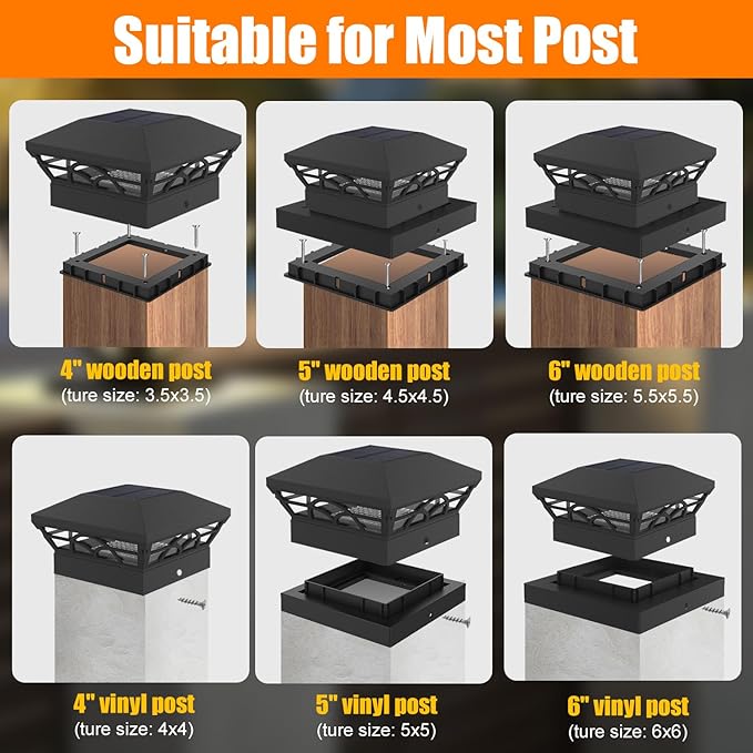 T-SUN Solar Powered Post Cap Lights Outdoor Waterproof for 4x4/5x5/6x6 Wooden/Vinyl Fences - Adjustable Warm/Cool White Modes for Deck, Mailbox, Garden, Porch, Patio, and Decorative Accents (6 Pack)