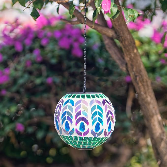 Solar Hanging Lanterns Outdoor Waterproof Glass Mosaic Gazing Ball Globe Hanging Lantern Lights for Patio Garden Yard Home Decor (Colorful)