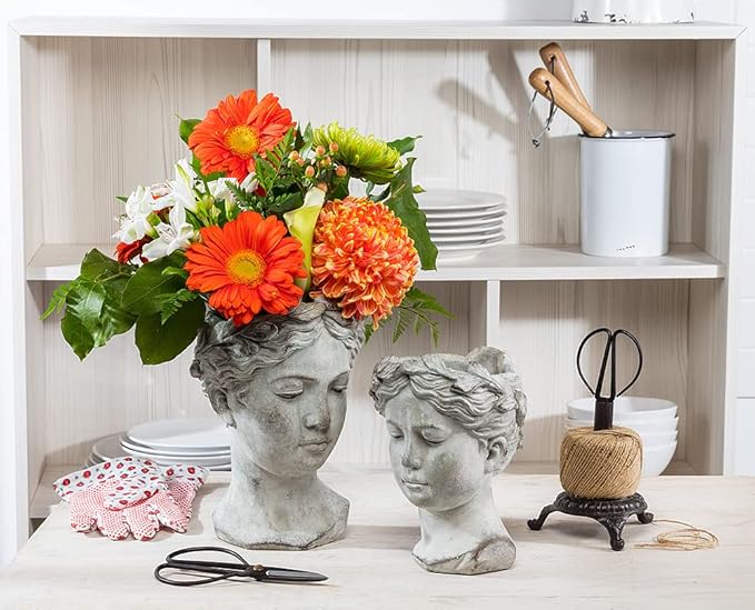 Abbott Collection Goddess Head Planter - Large Cement Indoor and Outdoor Planter Pot - Grecian Woman Statue Head Planter for Flowers and Succulents - Grey (10" H, 4.5" Opening)