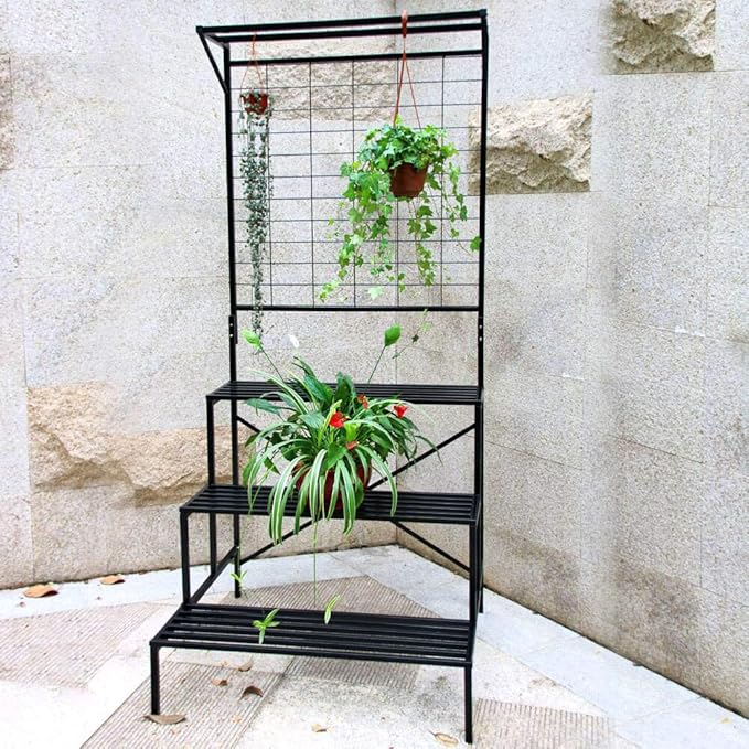Zhongma 3 Tier Large Heavy Duty Plant Stand with Hanging Plant pot shelf, 35.43 x 33.27 x 78.74, Tall multi layer Plant Holder for Home, Garden, Each Tier: 35.43 L x 10.5W, Easy to Hold Large Plant