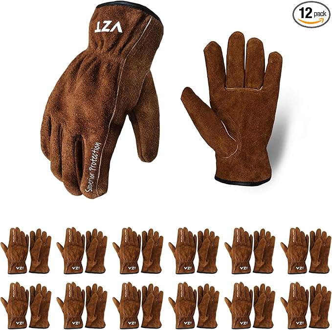 12 Pairs Bulk Leather Work Gloves for Men or Women for Gardening, Construction, Truck, Driving, Farm, Ranch, Woodworker, Soft, Cowhide Thickened, Water Resistant, Brown, 2X-Large