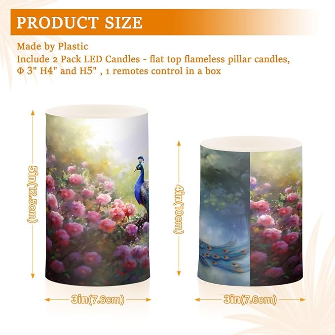 Flickering Flameless Candles, Peacock Flowers LED Candles with Remote Timer, Set of 2 Battery Operated Candle for Valentine Wedding Birthday