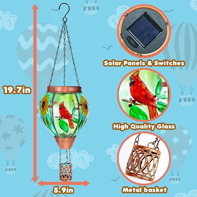 Solar Hot Air Balloon Lantern with Flame， Cardinal Glass Solar Hanging Lights Outdoor Yard Patio Farmhouse Decoration, Cardinal Gifts for Women Grandma Mom - Cardinal
