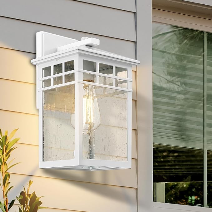 Outdoor Light Fixture Wall Mount, Rustic Exterior Lights Fixture Wall Sconces with Seeded Glass for Front Porch, Waterproof Outdoor Lantern in White Finish for Home, Garage, Barn, Storefront