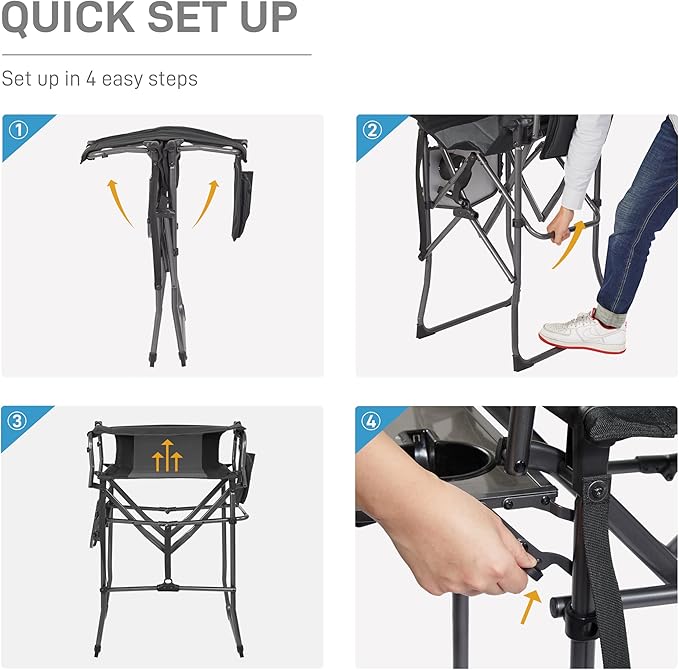 EVER ADVANCED 2 Piece Portable 30.7" Seat Height Tall Folding Camping Chair Directors Chair High with Side Table for Makeup Artist, Sports Event, Craft Show, Supports 350LBS Black Grey