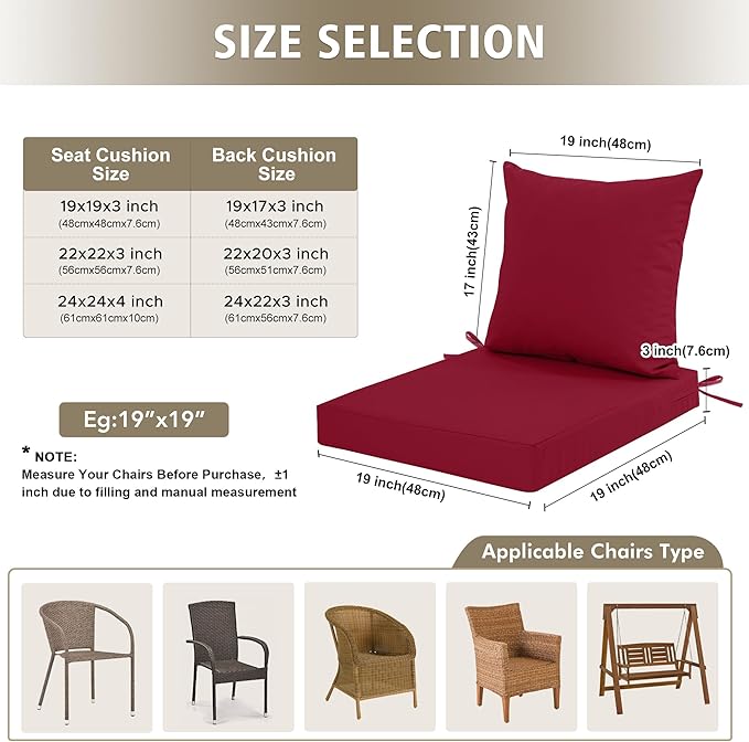 24x24 Inch Outdoor Cushions for Patio Furniture, Waterproof Outdoor Chair Cushions w/Fade-Resistant, Removable & Machine-Washable Covers, Deep Seat Sofa/Couch Pad Replacement – Set of 4, Burgundy