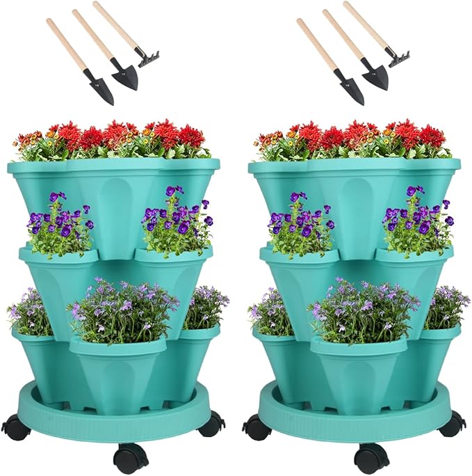 Vertical Planter 3 Tier Stackable Planters Garden Planters Strawberry Herb Flower and Vegetable Planter Indoor Outdoor Gardening Pots with Removable Wheels and Tools